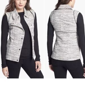 Truth And Pride White Black Tweed Zip Snap Leather Trim Moto Style Vest Sz S